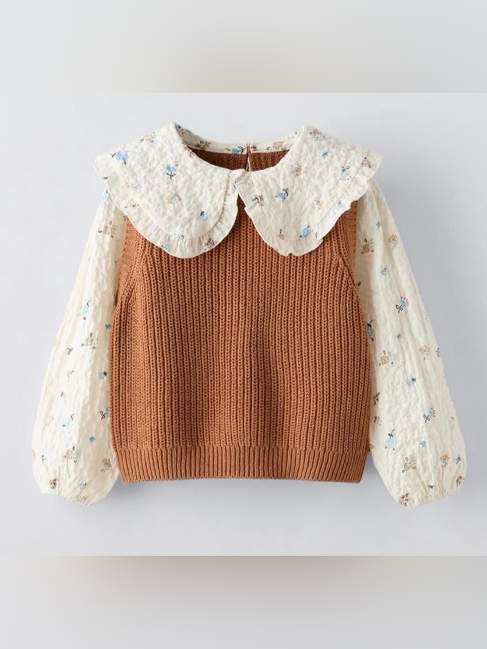 Zara size 5 Brown Knit Vest with White Floral Collar Top